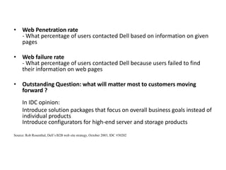 • Web Penetration rate
- What percentage of users contacted Dell based on information on given
pages
• Web failure rate
- What percentage of users contacted Dell because users failed to find
their information on web pages
• Outstanding Question: what will matter most to customers moving
forward ?
In IDC opinion:
Introduce solution packages that focus on overall business goals instead of
individual products
Introduce configurators for high-end server and storage products
Source: Rob Rosenthal, Dell’s B2B web site strategy, October 2003, IDC #30202
 