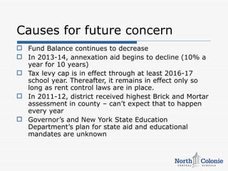 Causes for future concern
 Fund Balance continues to decrease
 In 2013-14, annexation aid begins to decline (10% a
  year for 10 years)
 Tax levy cap is in effect through at least 2016-17
  school year. Thereafter, it remains in effect only so
  long as rent control laws are in place.
 In 2011-12, district received highest Brick and Mortar
  assessment in county – can’t expect that to happen
  every year
 Governor’s and New York State Education
  Department’s plan for state aid and educational
  mandates are unknown
 