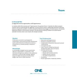 Team



La	
  forza	
  del	
  Noi
Le	
  leggi	
  dell’armonia	
  organizza8va	
  e	
  dell’appartenenza

La	
  metafora	
  della	
  tribù	
  è	
  preziosa	
  per	
  l’organizzazione	
  che	
  guarda	
  al	
  futuro.	
  L’azienda	
  che	
  col8va	
  la	
  propria	
  
coesione	
  interna	
  è	
  quell’azienda	
  che	
  raggiunge	
  il	
  successo	
  perché	
  conosce	
  e	
  adoEa	
  delle	
  dinamiche	
  sistemiche	
  
naturali,	
  che	
  generano	
  equilibrio,	
  armonia	
  e	
  prosperità.	
  Momen8	
  di	
  passaggio	
  e	
  di	
  trasformazione,	
  ri8	
  aziendali,	
  
leadership	
  simbolica,	
  comunicazione	
  evolu8va:	
  sono	
  gli	
  elemen8	
  di	
  base	
  per	
  aKvare	
  una	
  trasformazione	
  
aziendale	
  orientata	
  a	
  dare	
  nuovo	
  impulso	
  allo	
  sviluppo	
  aziendale.	
  




 Obie9vi                                                                            Temi	
  fondamentali
 Il	
  laboratorio	
  consen8rà	
  ai	
  partecipan8	
  di	
                            Meccanismi	
  dell’appartenenza
 comprendere	
  e	
  sperimentare	
  gli	
  Ordini	
  dell’Armonia	
                    Riscoprire	
  il	
  proposito	
  comune
 ovvero	
  quelle	
  dinamiche	
  di	
  derivazione	
  sistemica	
                      Comprendere	
  le	
  dinamiche	
  relazionali	
  funzionali	
  
 che	
  generano	
  un	
  contesto	
  posi8vo,	
  mo8vante	
  e	
                       e	
  disfunzionali
 crea8vo.	
                                                                             Il	
  triangolo	
  dei	
  valori
                                                                                        Valori,	
  assun8	
  e	
  artefaK:	
  gli	
  elemen8	
  
 Metodologie                                                                            fondamentali	
  della	
  cultura	
  di	
  impresa
 Le	
  metodologie	
  impiega8	
  saranno	
  esperienziali,	
                           Gli	
  Ordini	
  dell’Armonia:
 riﬂessive	
  e	
  partecipa8ve.	
  In	
  par8colare	
  si	
  farà	
                            Equilibrio	
  di	
  scambio
 riferimento	
  all’approccio	
  sistemico,	
  alle	
  costellazioni	
                          RispeEo	
  dell’anzianità	
  sistemica
 sistemiche	
  e	
  struEurali	
  (Bert	
  Hellinger,	
  Mathias	
                              RispeEo	
  del	
  peso	
  sistemico
 Varga	
  Von	
  Kibéd),	
  alla	
  Quinta	
  Disciplina	
  (Peter	
                            Pari	
  diriEo	
  di	
  appartenenza
 Senge)	
  e	
  alla	
  Teoria	
  U	
  (OEo	
  Scharmer).	
                             Storytelling
                                                                                        Rituali	
  organizza8vi	
  e	
  leadership	
  simbolica
 