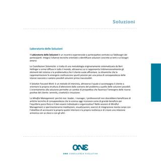 Soluzioni




Laboratorio	
  delle	
  Soluzioni

Il	
  Laboratorio	
  delle	
  Soluzioni	
  è	
  un	
  incontro	
  esperienziale	
  e	
  partecipa8vo	
  centrato	
  sui	
  fabbisogni	
  dei	
  
partecipan8.	
  Integra	
  3	
  diverse	
  tecniche	
  orientate	
  a	
  iden8ﬁcare	
  soluzioni	
  concrete	
  ai	
  temi	
  e	
  ai	
  bisogni	
  
emersi:

Le	
  Costellazioni	
  Sistemiche:	
  si	
  traEa	
  di	
  una	
  metodologia	
  originariamente	
  sistema8zzata	
  da	
  Bert	
  
Hellinger	
  e	
  ormai	
  diﬀusa	
  in	
  tuEo	
  il	
  mondo,	
  aEraverso	
  cui	
  si	
  rappresenta	
  tridimensionalmente	
  gli	
  
elemen8	
  del	
  sistema	
  o	
  la	
  problema8ca	
  che	
  il	
  cliente	
  vuole	
  aﬀrontare.	
  Le	
  dinamiche	
  che	
  la	
  
rappresentazione	
  fa	
  emergere	
  cos8tuiscono	
  spun8	
  preziosi	
  per	
  una	
  presa	
  di	
  consapevolezza	
  delle	
  
istanze	
  nascoste	
  e	
  svelano	
  possibili	
  soluzioni	
  prima	
  inaccessibili.

Il	
  Solu$on	
  Focused	
  Work:	
  è	
  un	
  metodo	
  di	
  intervista,	
  aEraverso	
  il	
  quale	
  si	
  accompagna	
  il	
  cliente	
  a	
  
orientare	
  la	
  propria	
  struEura	
  d’aEenzione	
  dallo	
  scenario	
  del	
  problema	
  a	
  quello	
  delle	
  soluzioni	
  possibili.	
  
L’orientamento	
  alla	
  soluzione	
  permeEe	
  un	
  cambio	
  di	
  prospeKva	
  che	
  favorisce	
  l’emergere	
  delle	
  risorse	
  
posi8ve	
  del	
  cliente:	
  serenità,	
  crea8vità	
  e	
  intuizione.

La	
  Mindful	
  Management:	
  perché	
  mai	
  i	
  leader,	
  i	
  manager,	
  i	
  professionis8	
  non	
  dovrebbero	
  beneﬁciare	
  di	
  
an8che	
  tecniche	
  di	
  consapevolezza	
  che	
  la	
  scienza	
  oggi	
  riconosce	
  come	
  di	
  grande	
  beneﬁcio	
  per	
  
l’equilibrio	
  psico-­‐ﬁsico	
  e	
  il	
  ben-­‐essere	
  individuale	
  e	
  organizza8vo?	
  Nelle	
  sessioni	
  di	
  Mindful	
  
Management	
  si	
  sperimenteranno	
  meditazioni,	
  visualizzazioni,	
  esercizi	
  di	
  integrazione	
  mente-­‐corpo	
  con	
  
l’obieKvo	
  di	
  accrescere	
  la	
  propria	
  quiete	
  interiore	
  e	
  la	
  propria	
  resilienza	
  e	
  di	
  creare	
  una	
  relazione	
  
armonica	
  con	
  se	
  stessi	
  e	
  con	
  gli	
  altri.
 