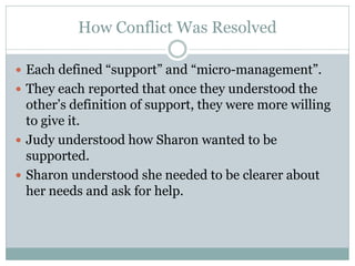 How Conflict Was Resolved

 Each defined “support” and “micro-management”.
 They each reported that once they understood the
  other’s definition of support, they were more willing
  to give it.
 Judy understood how Sharon wanted to be
  supported.
 Sharon understood she needed to be clearer about
  her needs and ask for help.
 