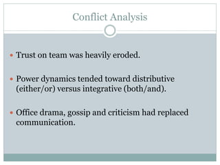 Conflict Analysis


 Trust on team was heavily eroded.


 Power dynamics tended toward distributive
 (either/or) versus integrative (both/and).

 Office drama, gossip and criticism had replaced
 communication.
 
