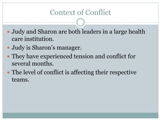 Context of Conflict

 Judy and Sharon are both leaders in a large health
  care institution.
 Judy is Sharon’s manager.
 They have experienced tension and conflict for
  several months.
 The level of conflict is affecting their respective
  teams.
 