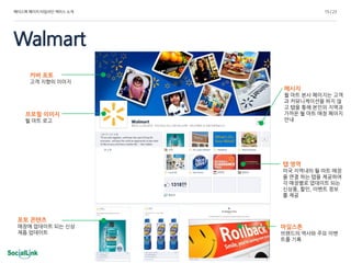 페이스북 페이지 타임라인 케이스 소개             15 / 23




Walmart
     커버 포토
     고객 지향의 이미지
                       메시지
                       월 마트 본사 페이지는 고객
                       과 커뮤니케이션을 하지 않
                       고 탭을 통해 본인의 지역과
   프로필 이미지             가까운 월 마트 매장 페이지
   월 마트 로고             안내




                       탭 영역
                       미국 지역내의 월 마트 매장
                       을 연결 하는 탭을 제공하여
                       각 매장별로 업데이트 되는
                       신상품, 할인, 이벤트 정보
                       를 제공



 포토 콘텐츠
 매장에 업데이트 되는 신상        마일스톤
 제품 업데이트               브랜드의 역사와 주요 이벤
                       트를 기록
 