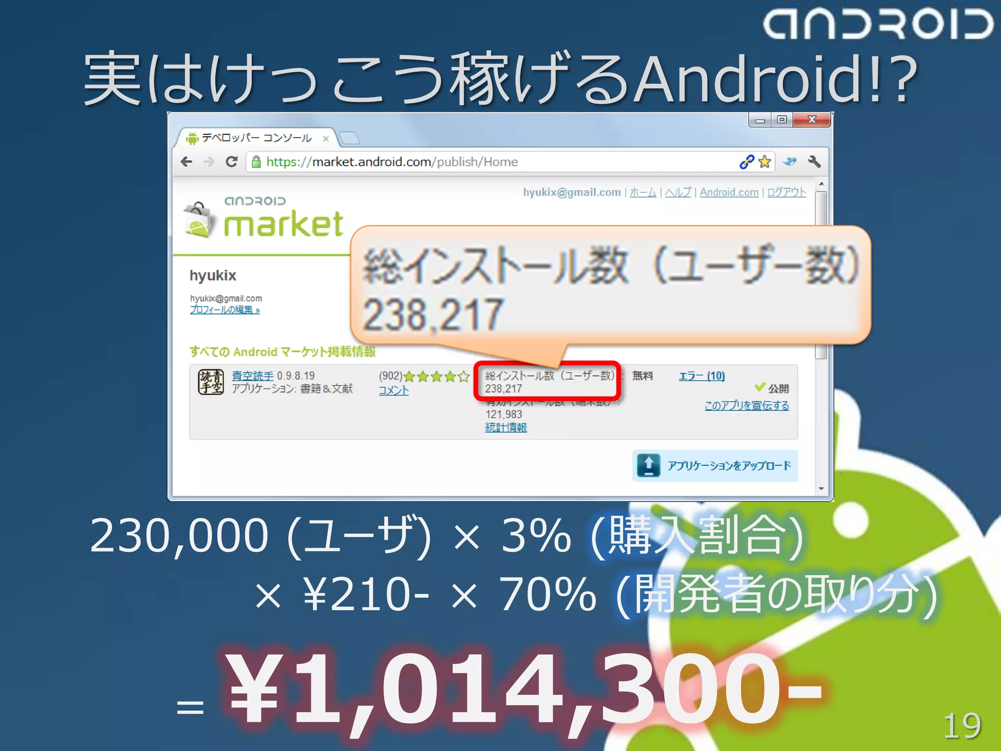 実はけっこう稼げるAndroid!?




230,000 (ユーザ) × 3% (購入割合)
      × ¥210- × 70% (開発者の取り分)

  =   ¥1,014,300-               19
 