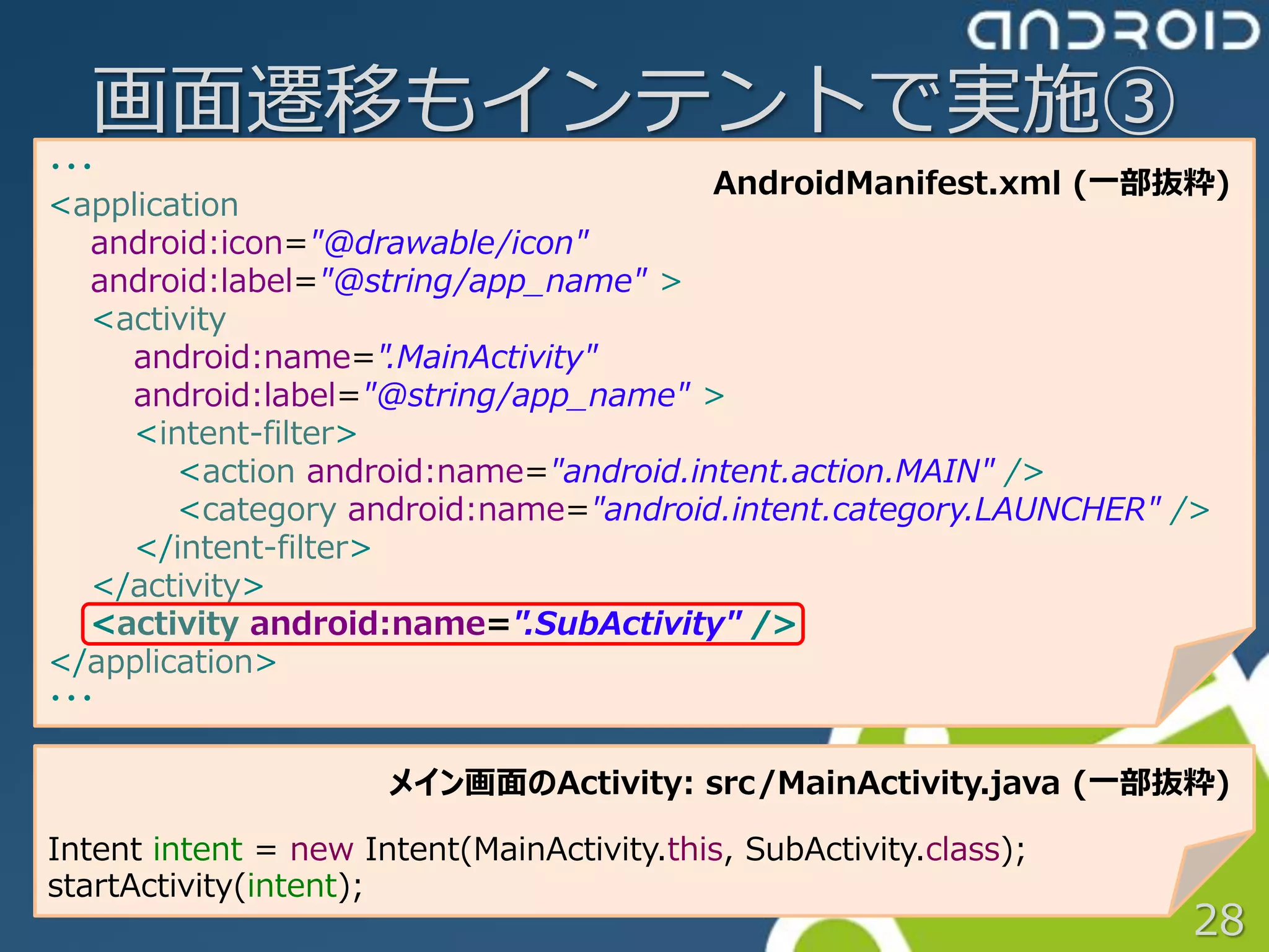 画面遷移もインテントで実施③
・・・
                                        AndroidManifest.xml (一部抜粋)
<application
   android:icon="@drawable/icon"
   android:label="@string/app_name" >
   <activity
     android:name=".MainActivity"
     android:label="@string/app_name" >
     <intent-filter>
        <action android:name="android.intent.action.MAIN" />
        <category android:name="android.intent.category.LAUNCHER" />
     </intent-filter>
   </activity>
   <activity android:name=".SubActivity" />
</application>
・・・

                      メイン画面のActivity: src/MainActivity.java (一部抜粋)

Intent intent = new Intent(MainActivity.this, SubActivity.class);
startActivity(intent);
                                                                    28
 