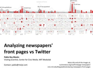 Analyzing newspapers'
front pages vs Twitter
Pablo Rey Mazón
Visiting Scientist, Center for Civic Media. MIT Medialab
                                                                               More info and all the images at:
Contact: pablo@meipi.com                                             numeroteca.org/cat/frontpage-newspaper/
                                                    civic.mit.edu/blog/pablo/analyzing-newspapers-front-pages
 