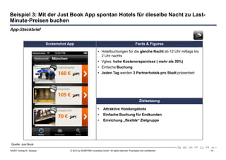 Beispiel 3: Mit der Just Book App spontan Hotels für dieselbe Nacht zu Last-
Minute-Preisen buchen
App-Steckbrief


                             Screenshot App                                                              Facts & Figures

                                                                    • Hotelbuchungen für die gleiche Nacht ab 12 Uhr mittags bis
                                                                      2 Uhr nachts
                                                                    • Vglws. hohe Kostenersparnisse ( mehr als 30%)
                                                                    • Einfache Buchung
                                                                    • Jeden Tag werden 3 Partnerhotels pro Stadt präsentiert




                                                                                                             Zielsetzung

                                                                    •    Attraktive Hotelangebote
                                                                    •    Einfache Buchung für Endkunden
                                                                    •    Erreichung „flexible“ Zielgruppe




 Quelle: Just Book

120307 Vortrag Dr. Sexauer               © 2012 by SEMPORA Consulting GmbH. All rights reserved. Proprietary and confidential.     - 14 -
 