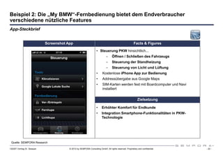 Beispiel 2: Die „My BMW“-Fernbedienung bietet dem Endverbraucher
verschiedene nützliche Features
App-Steckbrief


                             Screenshot App                                                              Facts & Figures

                                                                    • Steuerung PKW hinsichtlich...
                                                                             −     Öffnen / Schließen des Fahrzeugs
                                                                             −     Steuerung der Standheizung
                                                                             −     Steuerung von Licht und Lüftung
                                                                    •     Kostenlose iPhone App zur Bedienung
                                                                    •     Addressübergabe aus Google Maps
                                                                    •     SIM-Karten werden fest mit Boardcomputer und Navi
                                                                          installiert


                                                                                                             Zielsetzung

                                                                    •    Erhöhter Komfort für Endkunde
                                                                    •    Integration Smartphone-Funktionalitäten in PKW-
                                                                         Technologie




 Quelle: SEMPORA Research

120307 Vortrag Dr. Sexauer               © 2012 by SEMPORA Consulting GmbH. All rights reserved. Proprietary and confidential.   - 22 -
 