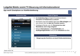 LodgeNet Mobile vereint TV-Steuerung mit Informationsdienst
App macht Smartphone zur Hotelfernbedienung


                             Screenshot App                                                              Facts & Figures

                                                                    • Die kostenlose App ermöglicht Smartphone-Nutzern
                                                                      Fernseher im Hotelzimmer zu steuern
                                                                    • Der Nutzer muss sich lediglich über einen PIN einloggen und
                                                                      kann danach über die App den Ferseher steuern
                                                                    • Hoteleigene Dienste, wie z.B. Zimmerservice oder
                                                                      Weckdienst, sind in App integriert
                                                                    • Ebenso Informationen zu Freizeitaktiväten und
                                                                      Ausflugsmöglichkeiten rund um den Urlaubsort abrufbar


                                                                                                             Zielsetzung

                                                                    •    Steigerung des Komforts und damit Endkundenbindung




 Quelle: Android Talk

120307 Vortrag Dr. Sexauer               © 2012 by SEMPORA Consulting GmbH. All rights reserved. Proprietary and confidential.      - 26 -
 
