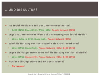 … UND DIE KULTUR?



 Ist Social Media ein Teil der Unternehmenskultur?
     DzRO (82%), Blogs (65%), Wikis (60%), People Network (48%)

 Legt das Unternehmen Wert auf die Nutzung von Social Media?
     Wikis, DzRo (je 73%), Blogs (66%), People Network (45%)

 Wird die Nutzung von Social Media als Arbeit anerkannt?
     Wikis (65%), Blogs (56%), People Network (45%), DzRO (44%)

 Legen die Vorgesetzten Wert auf die Nutzung von Social Media?
     Wikis (55%), Blogs (42%), People Network (24%), DzRO (15%)

 Nutzen Führungskräfte und HR Social Media?
     Nur wenige!


                    Alexander Stoll - „Enterprise 2.0 bei der Deutschen Telekom“ - 07.03.2012
 