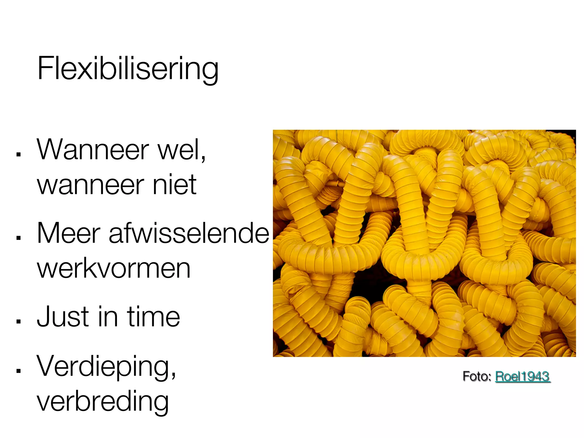 Flexibilisering

§    Wanneer wel, "
      wanneer niet
§    Meer afwisselende
      werkvormen
§    Just in time
§    Verdieping,         Foto: Roel1943

      verbreding
 