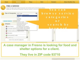 A case manager in Fresno is looking for food and shelter options for a client.  They live in ZIP code 93710 You can  browse service categories  or  search by keyword 