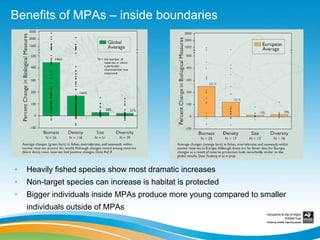 Benefits of MPAs – inside boundaries




•   Heavily fished species show most dramatic increases
•   Non-target species can increase is habitat is protected
•   Bigger individuals inside MPAs produce more young compared to smaller
    individuals outside of MPAs
 