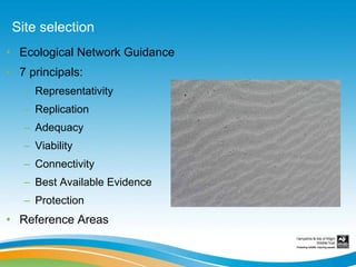 Site selection
• Ecological Network Guidance
• 7 principals:
   – Representativity
   – Replication
   – Adequacy
   – Viability
   – Connectivity
   – Best Available Evidence
   – Protection
• Reference Areas
 