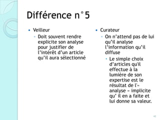 Différence n°5
   Veilleur                      Curateur
    ◦ Doit souvent rendre          ◦ On n’attend pas de lui
      explicite son analyse          qu’il analyse
      pour justifier de              l’information qu’il
      l’intérêt d’un article         diffuse
      qu’il aura sélectionné          Le simple choix
                                        d’articles qu'il
                                        effectue à la
                                        lumière de son
                                        expertise est le
                                        résultat de l'«
                                        analyse » implicite
                                        qu’ il en a faite et
                                        lui donne sa valeur.

                                                           40
 