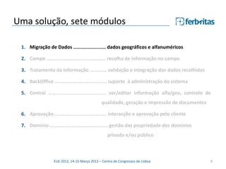 Uma solução, sete módulos

 1. Migração de Dados ....................... dados geográficos e alfanuméricos

 2. Campo .......................................... recolha de informação no campo

 3. Tratamento da Informação ............ validação e integração dos dados recolhidos

 4. BackOffice ..................................... suporte à administração do sistema

 5. Central ......................................... ver/editar informação alfa/geo, controlo de
                                              qualidade, geração e impressão de documentos

 6. Aprovação ..................................... interacção e aprovação pelo cliente

 7. Domínio ......................................... gestão das propriedade dos domínios
                                                  privado e/ou público



                  EUE 2012, 14-15 Março 2012 – Centro de Congressos de Lisboa                   9
 