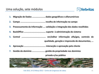 Uma solução, sete módulos

  1. Migração de Dados ..................... dados geográficos e alfanuméricos

  2. Campo ........................................ recolha de informação no campo

  3. Processamento da Informação .... validação e integração dos dados recolhidos

  4. BackOffice ................................... suporte à administração do sistema

  5. Central ....................................... ver/editar informação alfa/geo, controlo de
                                              qualidade, geração e impressão de documentos, ...

  6. Aprovação ................................... interacção e aprovação pelo cliente

  7. Gestão do domínio ..................... gestão da propriedade nos domínios
                                                privado e/ou público




                  EUE 2012, 14-15 Março 2012 – Centro de Congressos de Lisboa                16
 