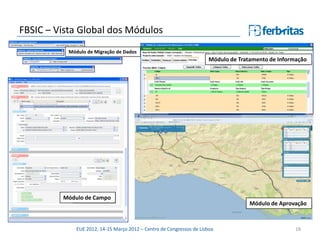 FBSIC – Vista Global dos Módulos
           Módulo de Migração de Dados
                                                                       Módulo de Tratamento de Informação
                                                                           Information Processing Module




         Módulo de Campo
            Field Module
                                                                                     Módulo de Aprovação



              EUE 2012, 14-15 Março 2012 – Centro de Congressos de Lisboa                            18
 