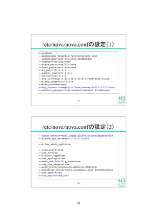 10	
/etc/nova/nova.confの設定（1）
--verbose!
--dhcpbridge_flagfile=/etc/nova/nova.conf!
--dhcpbridge=/usr/bin/nova-dhcpbridge!
--logdir=/var/log/nova!
--state_path=/var/lib/nova!
--lock_path=/var/lock/nova!
--s3_host=127.0.0.1!
--rabbit_host=127.0.0.1!
--cc_host=127.0.0.1!
--ec2_url=http://192.168.0.40:8773/services/Cloud!
--fixed_range=10.0.0.0/8!
--FAKE_subdomain=ec2!
--sql_connection=mysql://nova:password@127.0.0.1/nova!
--network_manager=nova.network.manager.VlanManager!
19	
/etc/nova/nova.confの設定（2）
--image_service=nova.image.glance.GlanceImageService!
--glance_api_servers=127.0.0.1:9292!
--allow_admin_api=true!
--vlan-start=1100!
--use_s3=true!
--libvirt_type=kvm!
--use_syslog=false!
--node_availability_zone=nova!
--use_cow_images=true!
--auth_driver=nova.auth.dbdriver.DbDriver!
--scheduler_driver=nova.scheduler.zone.ZoneScheduler!
--use_ipv6=false!
--use_deprecated_auth!
20	
 