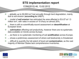 STS implementation report
COM(2012) 46, 13.02.2012
 ... globally up to 50,000 km² lost annually through land degradation, mainly
due to soil erosion (according to UNEP);
 ... model of soil erosion has estimated the area affected in EU-27 at 1.3
million km², with rates in excess of 10 t/ha/y on almost 20%;
 ... there is still no scientifically-sound assessment on desertification at
European level;
 ... salinisation affecting soil productivity, however there are no systematic
data available on trends across Europe;
 ... as there is no systematic monitoring of soil acidification across Europe;
 ... shows a preliminary assessment of where soil biodiversity is threatened;
 ... difficult to quantify the full extent of local soil contamination, as the vast
majority of Member States lack comprehensive inventories.
 
