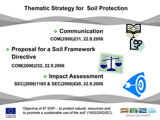  Communication
COM(2006)231, 22.9.2006
 Proposal for a Soil Framework
Directive
COM(2006)232, 22.9.2006
 Impact Assessment
SEC(2006)1165 & SEC(2006)620, 22.9.2006
Thematic Strategy for Soil Protection
Objective of 6th EAP: „ to protect natural resources and
to promote a sustainable use of the soil“ (1600/2002/EC)
 