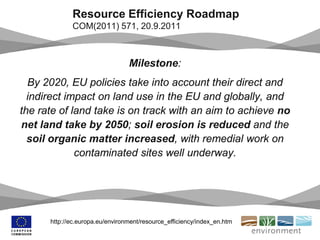 Milestone:
By 2020, EU policies take into account their direct and
indirect impact on land use in the EU and globally, and
the rate of land take is on track with an aim to achieve no
net land take by 2050; soil erosion is reduced and the
soil organic matter increased, with remedial work on
contaminated sites well underway.
Resource Efficiency Roadmap
COM(2011) 571, 20.9.2011
http://ec.europa.eu/environment/resource_efficiency/index_en.htm
 