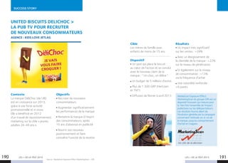 LES + DE LA TÉLÉ 2015 191190
SUCCESS STORY
LES + DE LA TÉLÉ 2015
Source : MediaScan Exposure Effect MarketingScan – GfK.
MediaScan Exposure Effect
MarketingScan du groupe GfK est un
dispositif innovant qui mesure pour
la 1ère fois l’ensemble de l’impact
publicitaire sur les téléspectateurs.
Les résultats fournis allant de
l’évolution générée par la campagne
concernant l’attitude vis-à-vis de
la marque, jusqu’au comportement
d’achat en magasin.
UNITED BISCUITS DELICHOC 
LA PUB TV POUR RECRUTER
DE NOUVEAUX CONSOMMATEURS
AGENCE : KIDS LOVE JETLAG
Contexte
La marque DéliChoc (de UB)
est en croissance sur 2013,
grâce à une forte activité
promotionnelle et in store.
Elle a bénéficié en 2012
d’un travail de repositionnement
marketing sur la cible « jeunes
adultes 26-49 ans ».
Objectifs
Recruter de nouveaux
consommateurs
Augmenter significativement
les performances de la marque
Remettre la marque à l’esprit
des consommateurs, après
15 ans d’absence en publicité
Nourrir son nouveau
positionnement et faire
connaître l’unicité de la recette
Cible
Les mères de famille avec
enfants de moins de 15 ans
Dispositif
Un spot qui place le biscuit
au cœur de l’action et se conclut
avec le nouveau claim de la
marque : “ Un choc, un délice ”.
Un budget de 5 millions d’euros
Plus de 1 300 GRP (Hertzien
et TNT)
Diffusion de février à avril 2013
Résultats
Un impact très significatif
sur les ventes : +39%
Avec un élargissement de
la clientèle de la marque : +22%
sur le niveau de pénétration
Et également sur le niveau
de consommation : +13%
via la fréquence d’achat
Une notoriété renforcée :
+9 points
 