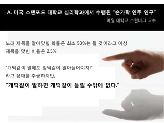 A. 미국 스탠포드 대학교 심리학과에서 수행된 “손가락 연주 연구”
                           예일 대학교 스턴버그 교수




노래 제목을 알아맞힐 확률은 최소 50%는 될 것이라고 예상
제목을 맞힌 비율은 2.5%


“개떡같이 말해도 찰떡같이 알아든어야지!”
라고 상대를 추궁하지맊,

“개떡같이 말하면 개떡같이 든릴 수밖에 없다.”
 