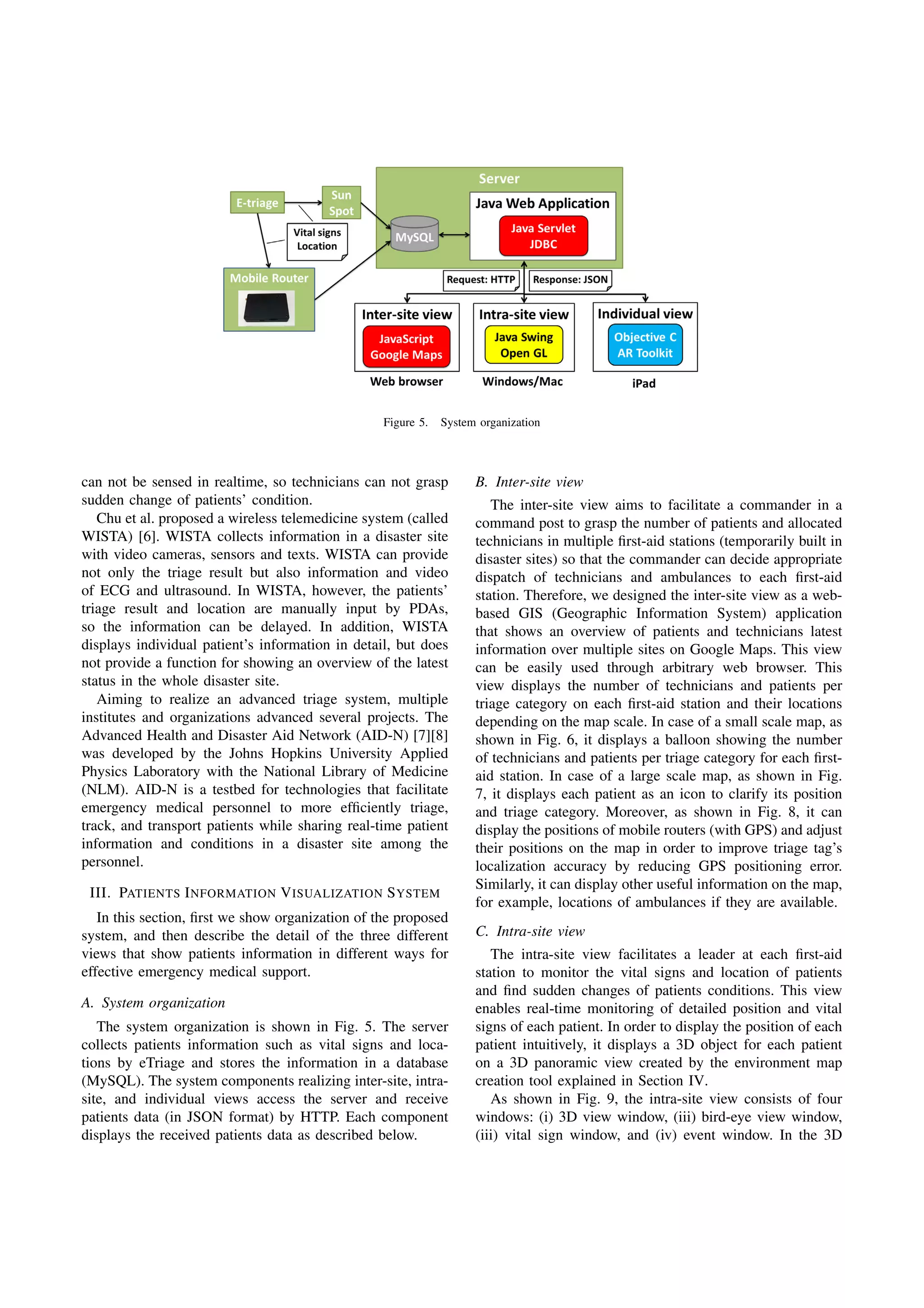 Figure 5. System organization
can not be sensed in realtime, so technicians can not grasp
sudden change of patients’ condition.
Chu et al. proposed a wireless telemedicine system (called
WISTA) [6]. WISTA collects information in a disaster site
with video cameras, sensors and texts. WISTA can provide
not only the triage result but also information and video
of ECG and ultrasound. In WISTA, however, the patients’
triage result and location are manually input by PDAs,
so the information can be delayed. In addition, WISTA
displays individual patient’s information in detail, but does
not provide a function for showing an overview of the latest
status in the whole disaster site.
Aiming to realize an advanced triage system, multiple
institutes and organizations advanced several projects. The
Advanced Health and Disaster Aid Network (AID-N) [7][8]
was developed by the Johns Hopkins University Applied
Physics Laboratory with the National Library of Medicine
(NLM). AID-N is a testbed for technologies that facilitate
emergency medical personnel to more efﬁciently triage,
track, and transport patients while sharing real-time patient
information and conditions in a disaster site among the
personnel.
III. PATIENTS INFORMATION VISUALIZATION SYSTEM
In this section, ﬁrst we show organization of the proposed
system, and then describe the detail of the three different
views that show patients information in different ways for
effective emergency medical support.
A. System organization
The system organization is shown in Fig. 5. The server
collects patients information such as vital signs and loca-
tions by eTriage and stores the information in a database
(MySQL). The system components realizing inter-site, intra-
site, and individual views access the server and receive
patients data (in JSON format) by HTTP. Each component
displays the received patients data as described below.
B. Inter-site view
The inter-site view aims to facilitate a commander in a
command post to grasp the number of patients and allocated
technicians in multiple ﬁrst-aid stations (temporarily built in
disaster sites) so that the commander can decide appropriate
dispatch of technicians and ambulances to each ﬁrst-aid
station. Therefore, we designed the inter-site view as a web-
based GIS (Geographic Information System) application
that shows an overview of patients and technicians latest
information over multiple sites on Google Maps. This view
can be easily used through arbitrary web browser. This
view displays the number of technicians and patients per
triage category on each ﬁrst-aid station and their locations
depending on the map scale. In case of a small scale map, as
shown in Fig. 6, it displays a balloon showing the number
of technicians and patients per triage category for each ﬁrst-
aid station. In case of a large scale map, as shown in Fig.
7, it displays each patient as an icon to clarify its position
and triage category. Moreover, as shown in Fig. 8, it can
display the positions of mobile routers (with GPS) and adjust
their positions on the map in order to improve triage tag’s
localization accuracy by reducing GPS positioning error.
Similarly, it can display other useful information on the map,
for example, locations of ambulances if they are available.
C. Intra-site view
The intra-site view facilitates a leader at each ﬁrst-aid
station to monitor the vital signs and location of patients
and ﬁnd sudden changes of patients conditions. This view
enables real-time monitoring of detailed position and vital
signs of each patient. In order to display the position of each
patient intuitively, it displays a 3D object for each patient
on a 3D panoramic view created by the environment map
creation tool explained in Section IV.
As shown in Fig. 9, the intra-site view consists of four
windows: (i) 3D view window, (iii) bird-eye view window,
(iii) vital sign window, and (iv) event window. In the 3D
 