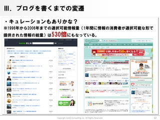 Ⅲ．ブログを書くまでの変遷

・キュレーションもありかな？
※1996年から2006年までの選択可能情報量（1年間に情報の消費者が選択可能な形で
提供された情報の総量）は530倍にもなっている。




              Copyright Arata Consulting inc. All Rights Reserved.   12
 