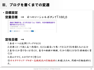 Ⅲ．ブログを書くまでの変遷

・目標設定
 定量目標 → ４つのソーシャルボタンで「１００」を




 定性目標   →
  1.毎日一つは記事をアップすること
  2.読者にとって役に立つ内容か、もしくは面白いと思ってもらえそうな内容を入れること
  3.自分にしか書けないようなこと、自分の体験や経験、そこから得たことなどを具体的に書
  くこと
  4.読みやすく、わかりやすく書くこと
  ※オルタナティブ・ブロガー高橋誠氏の行動指針に共感したため、同様の行動指針とし
  た。
              Copyright Arata Consulting inc. All Rights Reserved.   18
 