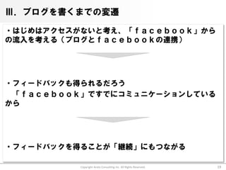 Ⅲ．ブログを書くまでの変遷

・はじめはアクセスがないと考え、「ｆａｃｅｂｏｏｋ」から
の流入を考える（ブログとｆａｃｅｂｏｏｋの連携）




・フィードバックも得られるだろう
 「ｆａｃｅｂｏｏｋ」ですでにコミュニケーションしている
から




・フィードバックを得ることが「継続」にもつながる

          Copyright Arata Consulting inc. All Rights Reserved.   19
 