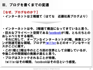 Ⅲ．ブログを書くまでの変遷
【なぜ、ブログなのか？】
・インターネットは２階建て（はてな                                          近藤社長ブログより）


・インターネットは今、2階建て構造になってきていると思う。
・巨大なプライベート空間であるfacebookが1階。ともだちとの
おしゃべりをする場所。
 それに対して、オープンなインターネットが2階。検索エンジ
ンが到達可能な領域。ブログやtwitterなどのオープンなサービ
スがここに属す。
・この1階と2階は今のところ別の世界として分離しているが、
今後この中間領域の発展が進むと思う。
・ブログはストックされることが特徴。
 twitterはその瞬間、facebookはその日という感覚。

           Copyright Arata Consulting inc. All Rights Reserved.         20
 