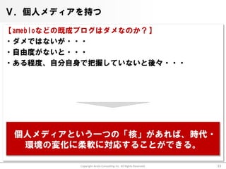 Ⅴ．個人メディアを持つ

【amebloなどの既成ブログはダメなのか？】
・ダメではないが・・・
・自由度がないと・・・
・ある程度、自分自身で把握していないと後々・・・




 個人メディアという一つの「核」があれば、時代・
  環境の変化に柔軟に対応することができる。

          Copyright Arata Consulting inc. All Rights Reserved.   33
 