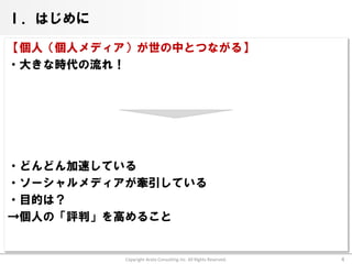 Ⅰ．はじめに

【個人（個人メディア）が世の中とつながる】
・大きな時代の流れ！




・どんどん加速している
・ソーシャルメディアが牽引している
・目的は？
→個人の「評判」を高めること


          Copyright Arata Consulting inc. All Rights Reserved.   4
 