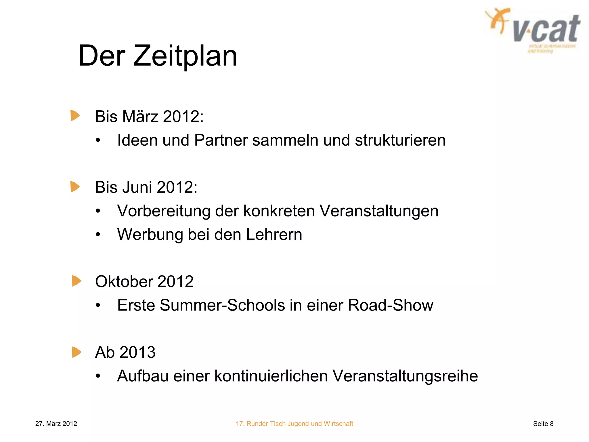 Der Zeitplan
                 Bis März 2012:
                 • Ideen und Partner sammeln und strukturieren

                 Bis Juni 2012:
                 • Vorbereitung der konkreten Veranstaltungen
                 • Werbung bei den Lehrern

                 Oktober 2012
                 • Erste Summer-Schools in einer Road-Show

                 Ab 2013
                 • Aufbau einer kontinuierlichen Veranstaltungsreihe

27. März 2012                      17. Runder Tisch Jugend und Wirtschaft   Seite 8
 