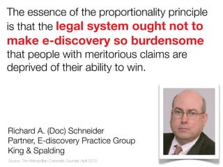 The essence of the proportionality principle
is that the legal system ought not to

make e-discovery so burdensome
that people with meritorious claims are
deprived of their ability to win.

Richard A. (Doc) Schneider
Partner, E-discovery Practice Group
King & Spalding
Source: The Metropolitan Corporate Counsel, April 2010

 