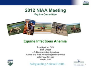 Safeguarding Animal Health
2012 NIAA Meeting
Equine Committee
Troy Bigelow, DVM
Staff Officer
U.S. Department of Agriculture
Animal and Plant Health Inspection Service
Veterinary Services
March, 2012
1
Equine Infectious Anemia
 