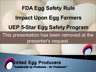 United Egg Producers
“Leadership by Producers - for Producers”
FDA Egg Safety RuleFDA Egg Safety Rule
Impact Upon Egg FarmersImpact Upon Egg Farmers
UEP 5-Star Egg Safety ProgramUEP 5-Star Egg Safety Program
This presentation has been removed at the
presenter's request.
 