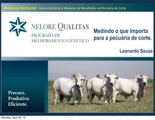 Workshop	
  Beefpoint	
  -­‐	
  Gerenciamento	
  e	
  Medição	
  de	
  Resultados	
  na	
  Pecuária	
  de	
  Corte




                                                                                    Medindo o que importa
                                                                                    para a pecuária de corte.

                                                                                                            Leonardo Souza




Monday, April 23, 12
 