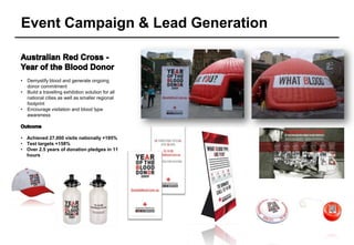 Event Campaign & Lead Generation


•   Demystify blood and generate ongoing
    donor commitment
•   Build a travelling exhibition solution for all
    national cities as well as smaller regional
    footprint
•   Encourage visitation and blood type
    awareness



• Achieved 27,000 visits nationally +195%
• Test targets +158%
• Over 2.5 years of donation pledges in 11
  hours
 