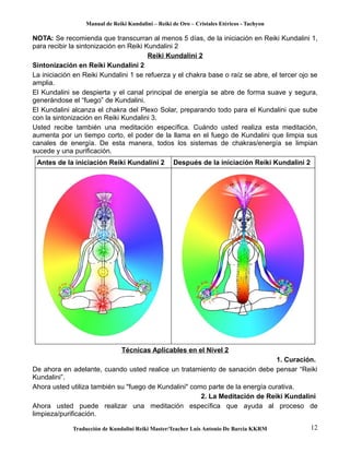 Manual de Reiki Kundalini – Reiki de Oro – Cristales Etéricos - Tachyon 
NOTA: Se recomienda que transcurran al menos 5 días, de la iniciación en Reiki Kundalini 1, 
para recibir la sintonización en Reiki Kundalini 2 
Reiki Kundalini 2 
Sintonización en Reiki Kundalini 2 
La iniciación en Reiki Kundalini 1 se refuerza y el chakra base o raíz se abre, el tercer ojo se 
amplia. 
El Kundalini se despierta y el canal principal de energía se abre de forma suave y segura, 
generándose el “fuego” de Kundalini. 
El Kundalini alcanza el chakra del Plexo Solar, preparando todo para el Kundalini que sube 
con la sintonización en Reiki Kundalini 3. 
Usted recibe también una meditación específica. Cuándo usted realiza esta meditación, 
aumenta por un tiempo corto, el poder de la llama en el fuego de Kundalini que limpia sus 
canales de energía. De esta manera, todos los sistemas de chakras/energía se limpian 
sucede y una purificación. 
Antes de la iniciación Reiki Kundalini 2 Después de la iniciación Reiki Kundalini 2 
Técnicas Aplicables en el Nivel 2 
1. Curación. 
De ahora en adelante, cuando usted realice un tratamiento de sanación debe pensar “Reiki 
Kundalini”. 
Ahora usted utiliza también su "fuego de Kundalini" como parte de la energía curativa. 
2. La Meditación de Reiki Kundalini 
Ahora usted puede realizar una meditación específica que ayuda al proceso de 
limpieza/purificación. 
Traducción de Kundalini Reiki Master/Teacher Luis Antonio De Barcia KKRM 12 
 