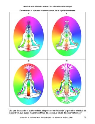 Manual de Reiki Kundalini – Reiki de Oro – Cristales Etéricos - Tachyon 
En resumen el proceso se desenvuelve de la siguiente manera: 
I II 
III IV 
Una vez alcanzado el cuarto estado después de la iniciación (y posterior Trabajo) de 
tercer Nivel, aun puede mejorarse el flujo de energía, a través de unos "refuerzos" 
Traducción de Kundalini Reiki Master/Teacher Luis Antonio De Barcia KKRM 20 
 