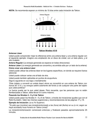 Manual de Reiki Kundalini – Reiki de Oro – Cristales Etéricos - Tachyon 
NOTA: Se recomienda esperar un mínimo de 10 días entre cada iniciación de Takion. 
Takion Niveles 4-5-6 
Antenas Láser 
Usted puede comprender mejor la diferencia entre una antena láser y una antena regular con 
el siguiente ejemplo: imagine una ampliación de un disco de cristal, con un lado plano, y el 
otro ovalado: 
Antena Regular (La energía generada se esparce en todas direcciones) 
Antena Láser (La energía generada se concentra y es emitida sólo por un lado de la antena) 
Cómo crear una antena Láser 
Usted puede utilizar las antenas láser en los lugares específicos, en donde se requiera fuerza 
adicional. 
Usted puede colocar varias una al lado de otra. 
Usted puede también aplicarlas en puntos de acupuntura. 
Diga lo siguiente en voz baja o mentalmente: 
"Este (objeto a convertir en antela láser) ahora se convertirá en una antena de Takion con 
fuerza de 12 X, y su energía saldrá solamente del fondo (o de cualquier otra parte del objeto 
que usted prefiera)" 
La fuerza puede ser la que usted desee. Pero recuerde, que las personas que no están 
familiarizadas a Takion, debe llevar 6 X como máximo. 
Pasando los Niveles 4 - 5 y 6 de Takion 
Usted puede pasar los Niveles 4 - 5 y 6 de Takion, a través de iniciaciones iguales que con el 
Reiki Kundalini. Valen las mismas sugerencias y recomendaciones de las páginas 17 y 18. 
Ejemplo de Iniciación: (a su Yo Superior) 
“Yo pido que (nombre) sea iniciado/sintonizado a las (hora) del (fecha) en su (o mi, según se 
haya acordado) huso horario en Takion (nivel)” 
La iniciación/sintonización comenzará entonces y finalizará pasados aproximadamente 25 
minutos. 
Traducción de Kundalini Reiki Master/Teacher Luis Antonio De Barcia KKRM 32 
 
