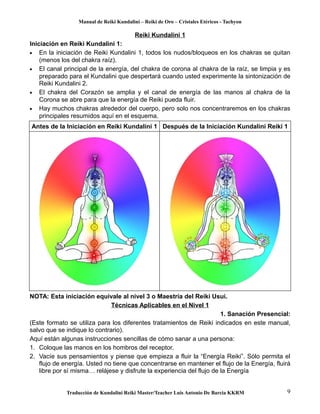 Manual de Reiki Kundalini – Reiki de Oro – Cristales Etéricos - Tachyon 
Reiki Kundalini 1 
Iniciación en Reiki Kundalini 1: 
· En la iniciación de Reiki Kundalini 1, todos los nudos/bloqueos en los chakras se quitan 
(menos los del chakra raíz). 
· El canal principal de la energía, del chakra de corona al chakra de la raíz, se limpia y es 
preparado para el Kundalini que despertará cuando usted experimente la sintonización de 
Reiki Kundalini 2. 
· El chakra del Corazón se amplia y el canal de energía de las manos al chakra de la 
Corona se abre para que la energía de Reiki pueda fluir. 
· Hay muchos chakras alrededor del cuerpo, pero solo nos concentraremos en los chakras 
principales resumidos aquí en el esquema. 
Antes de la Iniciación en Reiki Kundalini 1 Después de la Iniciación Kundalini Reiki 1 
NOTA: Esta iniciación equivale al nivel 3 o Maestría del Reiki Usui. 
Técnicas Aplicables en el Nivel 1 
1. Sanación Presencial: 
(Este formato se utiliza para los diferentes tratamientos de Reiki indicados en este manual, 
salvo que se indique lo contrario). 
Aquí están algunas instrucciones sencillas de cómo sanar a una persona: 
1. Coloque las manos en los hombros del receptor. 
2. Vacíe sus pensamientos y piense que empieza a fluir la “Energía Reiki”. Sólo permita el 
flujo de energía. Usted no tiene que concentrarse en mantener el flujo de la Energía, fluirá 
libre por sí misma… relájese y disfrute la experiencia del flujo de la Energía 
Traducción de Kundalini Reiki Master/Teacher Luis Antonio De Barcia KKRM 9 
 