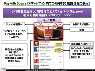Pay with Square(スマートフォン内での効率的な店舗情報の表示)

      GPS機能を活用し、現在地の近くでPay with Squareが
           利用可能な店舗をレコメンデーション
                                              ホーム画面
 アカウント画面へ                                                                               お気に入り画面へ

                                                                                           検索
トップにフィーチャーされ
 ている店舗を表示。
    （広告枠）

                                                                                       店舗画面へ(次ページ）

 現在地から距離が                                                                              100m以内にある店舗
     近い順に、                                                                               では、タブを開く
 Pay with Squareが                                                                      （決済機能をONする）
 使用可能な店舗が                                                                              事が可能
    表示される。


                    Copyright (C) 2012 interest-marketing , Inc All Rights Reserved.               9
 