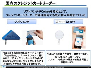 国内のクレジットカードリーダー
        ソフトバンクやCoineyを始めとして、
 クレジットカードリーダー市場は国内でも既に参入が始まっている

      ソフトバンク                                                                   Coiney




Paypal社と共同開発したカードリーダー
                                               PayPalの元社員らが設立・開発を行ない、
「PaypalHere」。スマートフォンに差し
                                                      2012年10月にローンチ。
込むだけでクレジットカードやPayPalに
                                                ソフトバンク以外の端末でも利用可能で
よる支払いが可能。ソフトバンクモバイ
                                                          手数料は4%。
 ル端末のみが利用可能で手数料は5%。
            Copyright (C) 2012 interest-marketing , Inc All Rights Reserved.            15
 