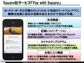 Square社サービス『Pay with Square』

カードリーダーすら不要のクレジットカード決済スマートフォンアプリ。
  顧客は店員に自分の名前を伝えるだけで支払が可能。

                                                    決済機能
                  事前にカード情報を登録しておくことで、
                  名前を言うだけでクレジットカード決済が可能な機能。

                                        店舗レコメンデーション
                  GPS機能を活用し、現在地の近くでPay with Squareが
                  利用可能な店舗をレコメンデーションする機能。

                                         ロイヤルティプログラム
                  来店回数や来店頻度などに応じてスタンプが貯まるなど、
                  デジタルならではのロイヤルティプログラムを提供する機能。

                                               お気に入り機能
                  お気に入り店舗を登録した店舗の情報を簡単に閲覧
                  できることで、顧客のエンゲージメント向上が見込まれる。
         Copyright (C) 2012 interest-marketing , Inc All Rights Reserved.   6
 