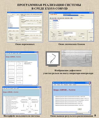 ПРОГРАММНАЯ РЕАЛИЗАЦИЯ СИСТЕМЫ  В СРЕДЕ  EXSYS CORVID Окно переменных Окно логических блоков Интерфейс пользователя системы Окно вывода результата распознавания 8 Изображение дефектного  участка рельса   на посту оператора-контролера 